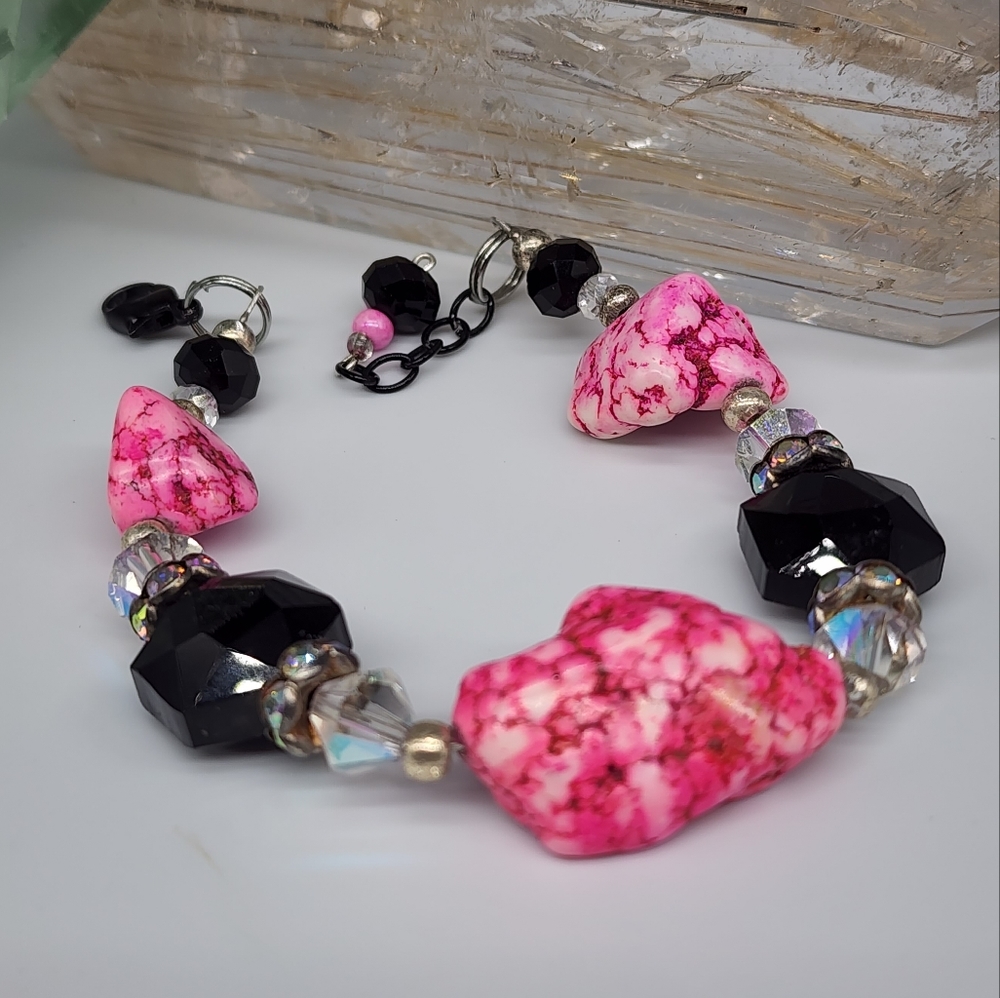 SALE/ Natural Hawolite Stone Silver Bracelet Black Crystals